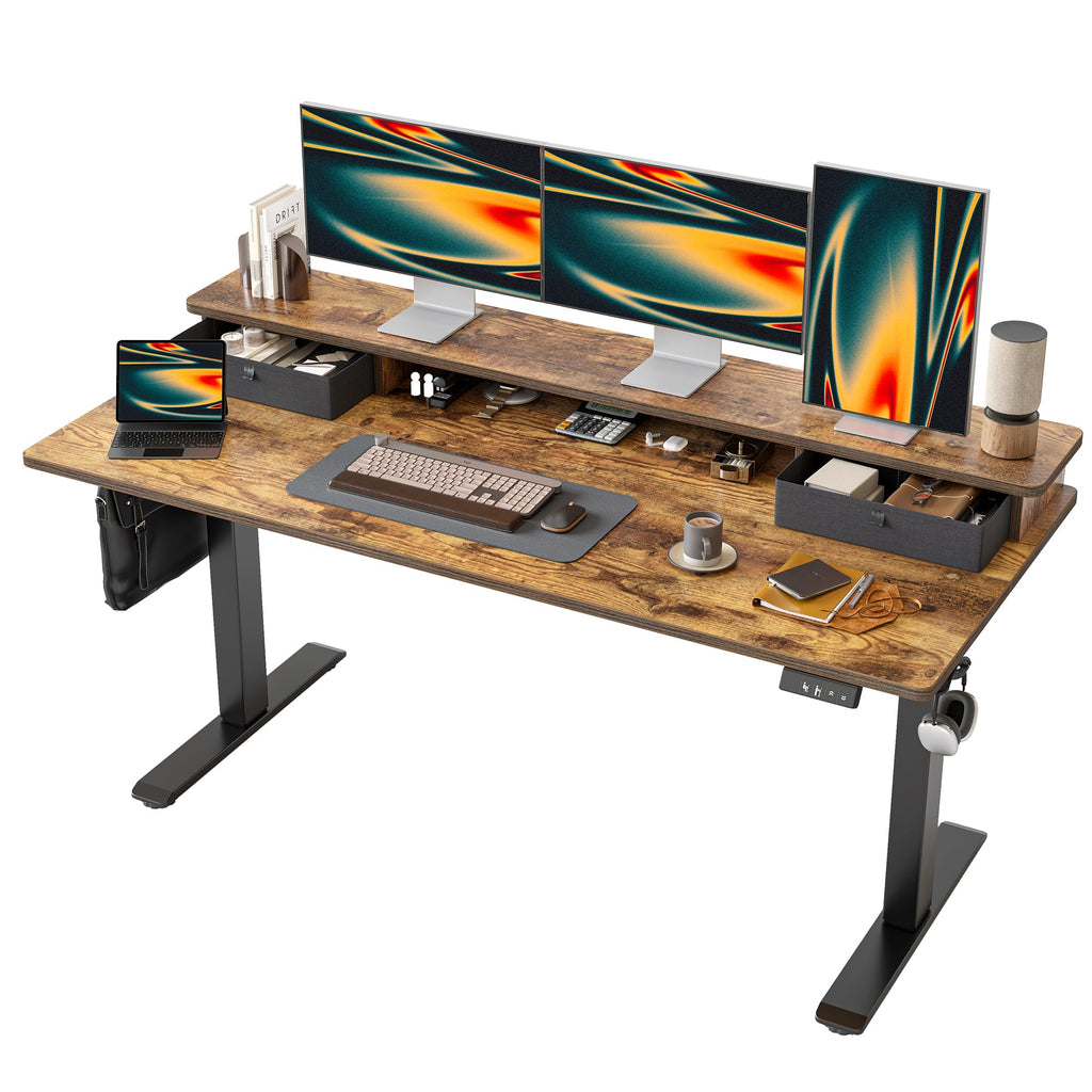 TIQLAB Standing Desk with Two Drawers, Stand Up Standing Desk Adjustable Height, Electric Sit Stand Table with Storage Shelf and Splice Board, with LED Light, 55 * 28 inch, Maple
