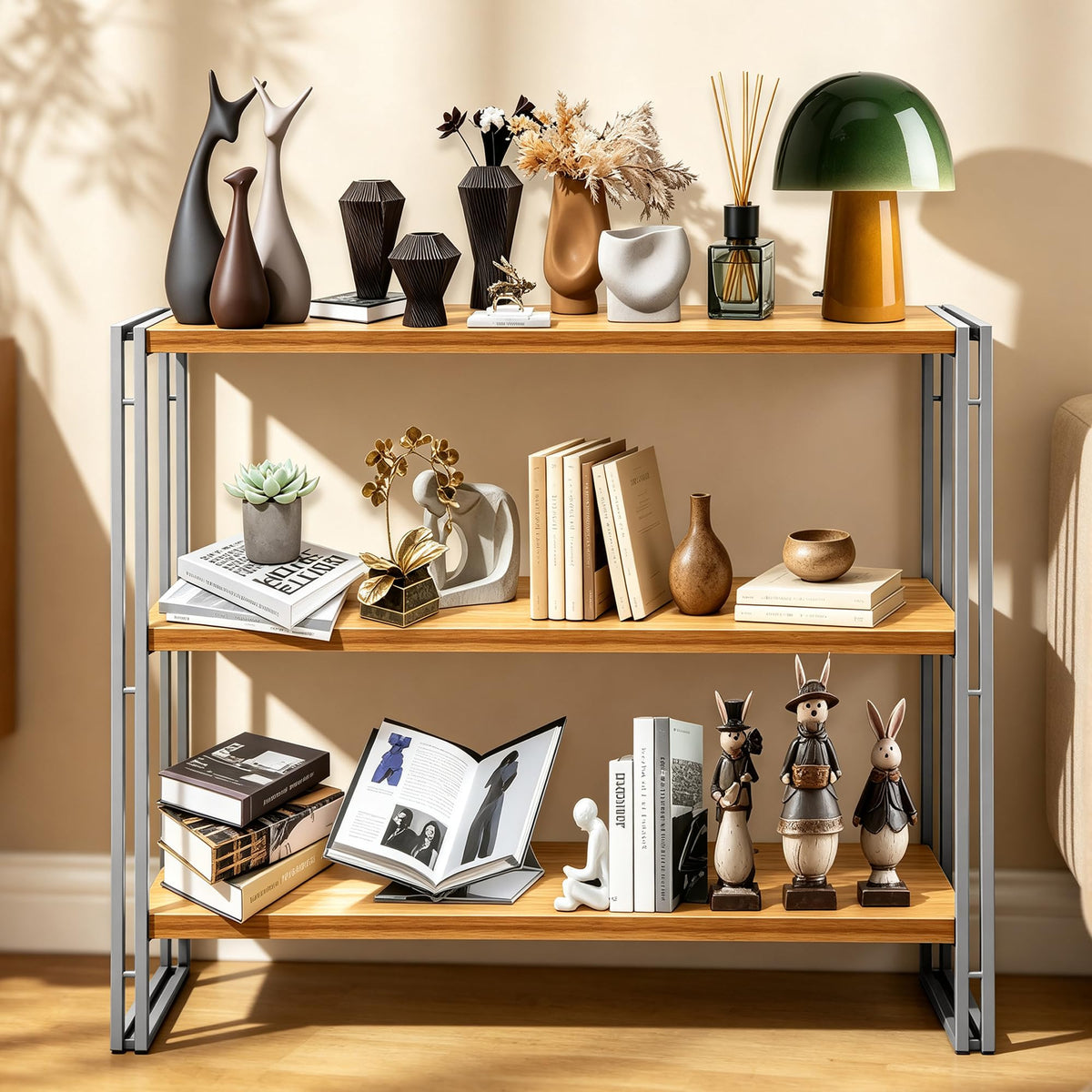 J.M.Deco 3-Tier Industrial Ladder Shelf, 44" Rustic Wood and Metal Open Bookshelf, Heavy Duty Wall Mounted Bookcase Shelving Unit for Small Space, Living Room, Bedroom, Home Office