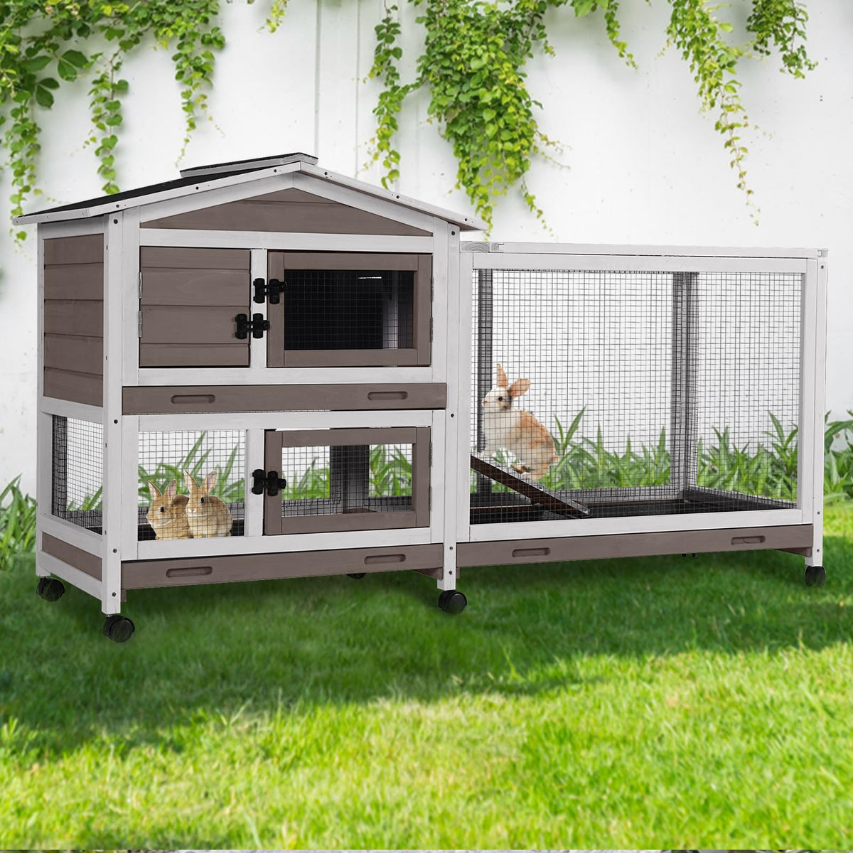GUTINNEEN Large Rabbit Hutch Indoor with Chew-Proof Ramp, 62" L Wooden Rabbit Cage with 6 Casters, Bunny Cage with 2 Trays and 2 Story for Small to Medium Animals (Grey)