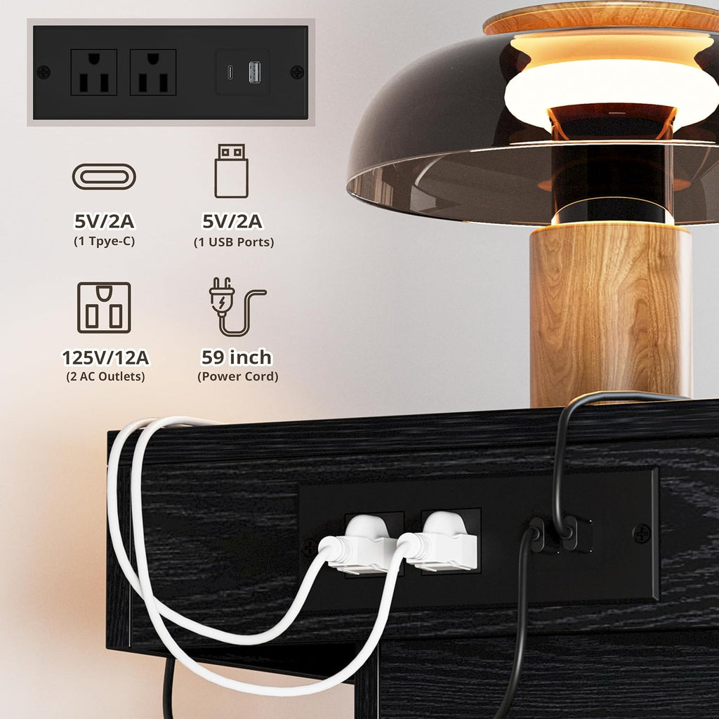 LIKIMIO Nightstand with Charging Station LED Light and 2 Drawers Black