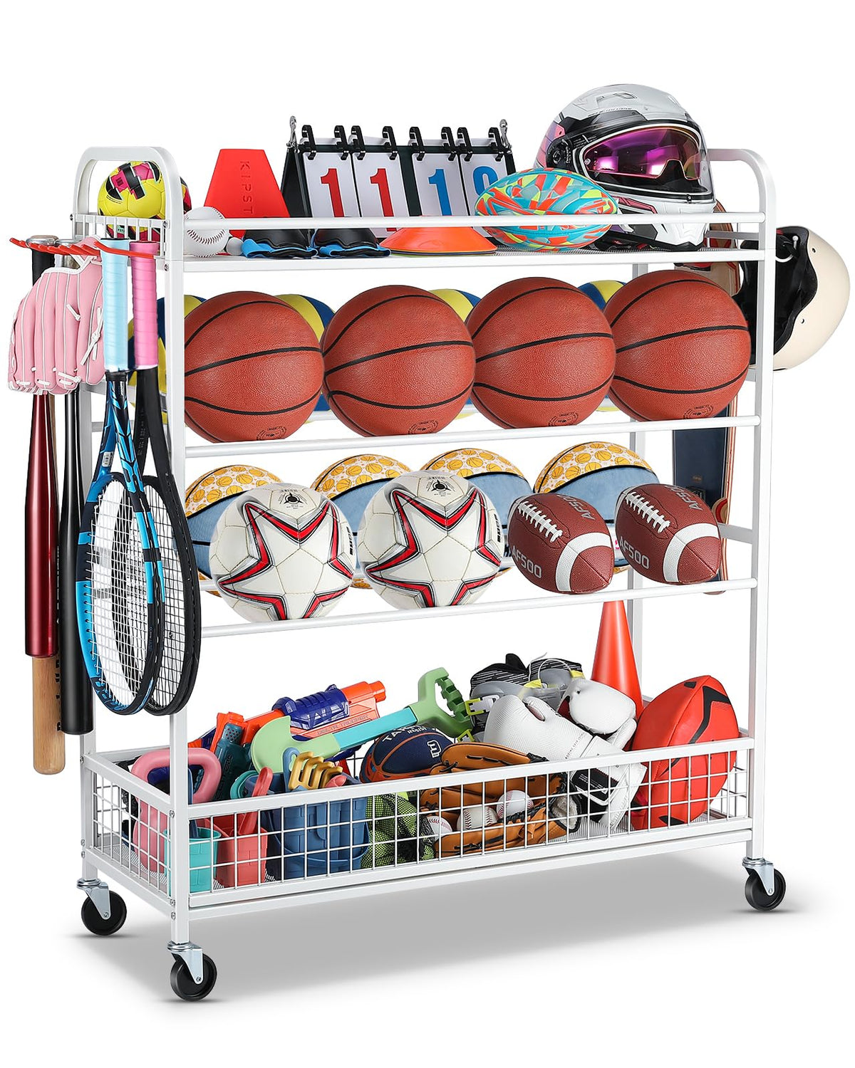 EXTCCT Garage Sports Equipment Organizer - Rolling Ball Storage with Wheels