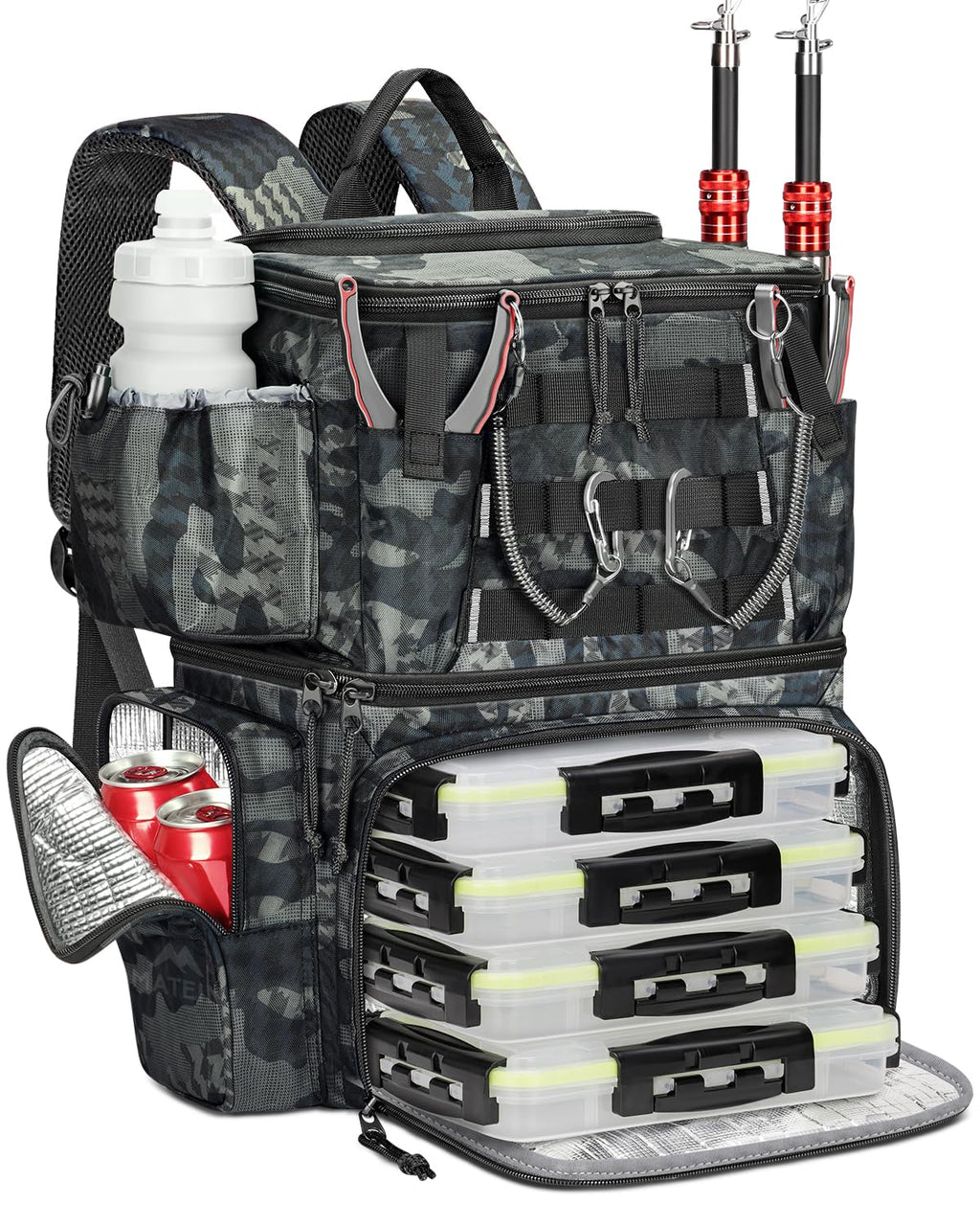 MATEIN Fishing Backpack with 4 Tackle Boxes, Fishing Bag with Rod Holder