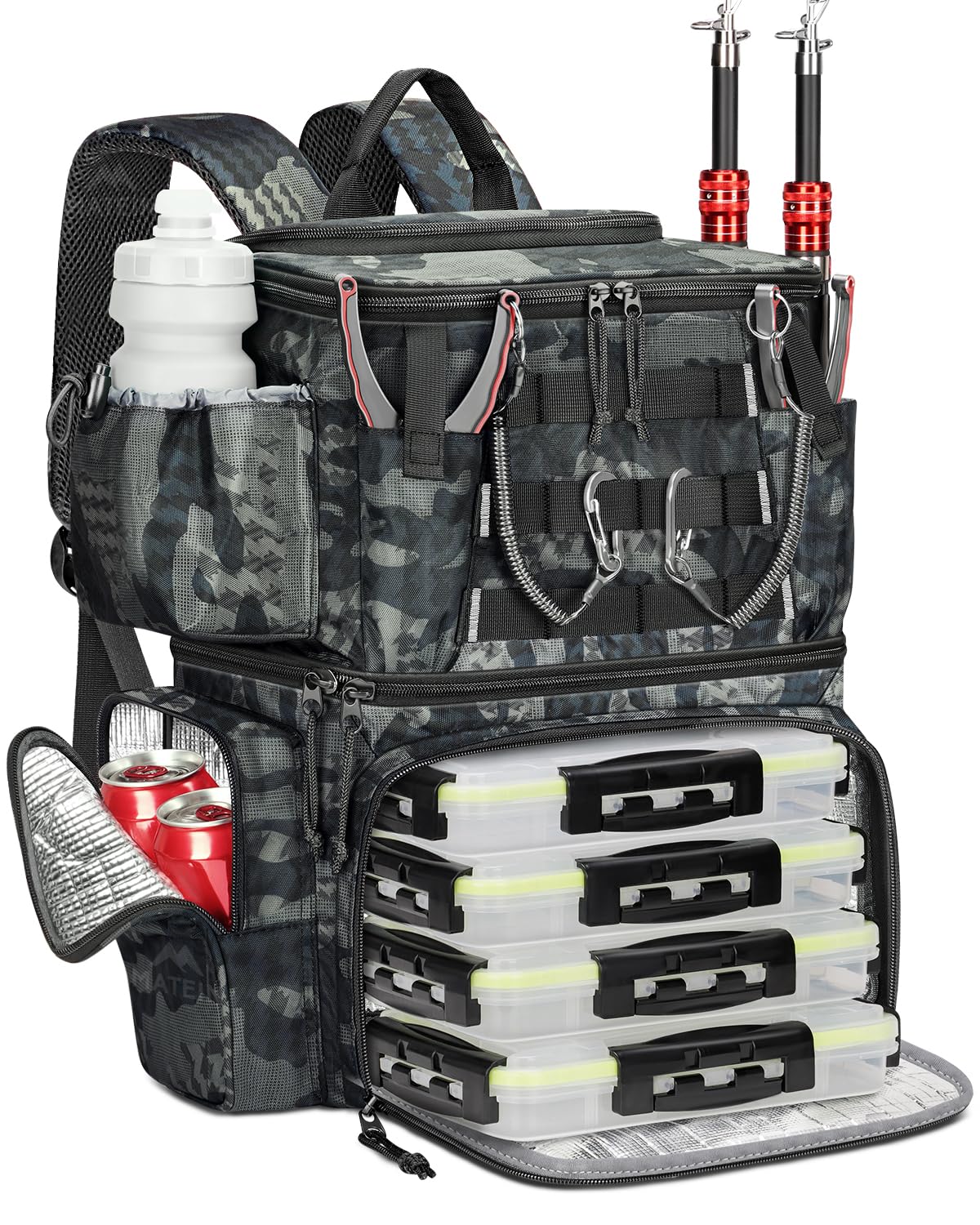 MATEIN Fishing Backpack with 4 Tackle Boxes, Fishing Bag with Rod Holder