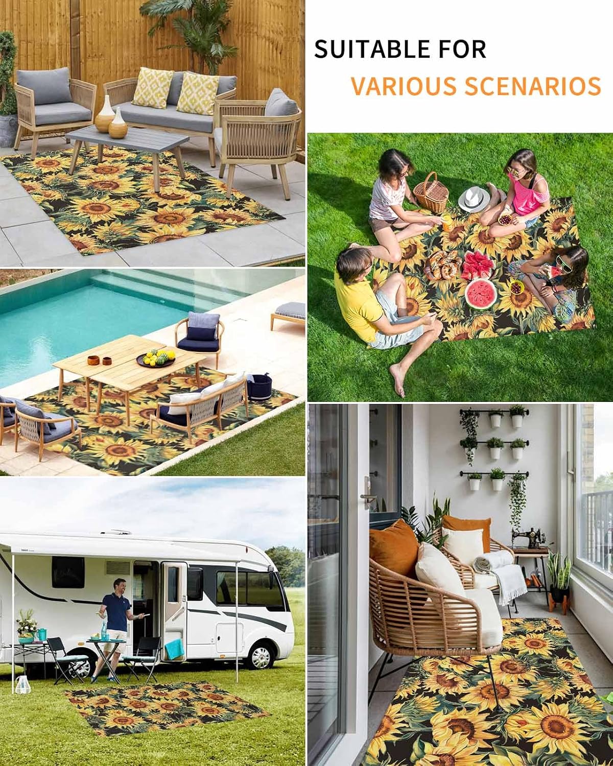 Watercolor Sunflower Outdoor Rug 5x8ft, Waterproof Indoor Outdoor Rug for Patio, Summer Plant Camping Carpet Mat Outside Area Rug for RV Picnic Beach Balcony Deck Backyard