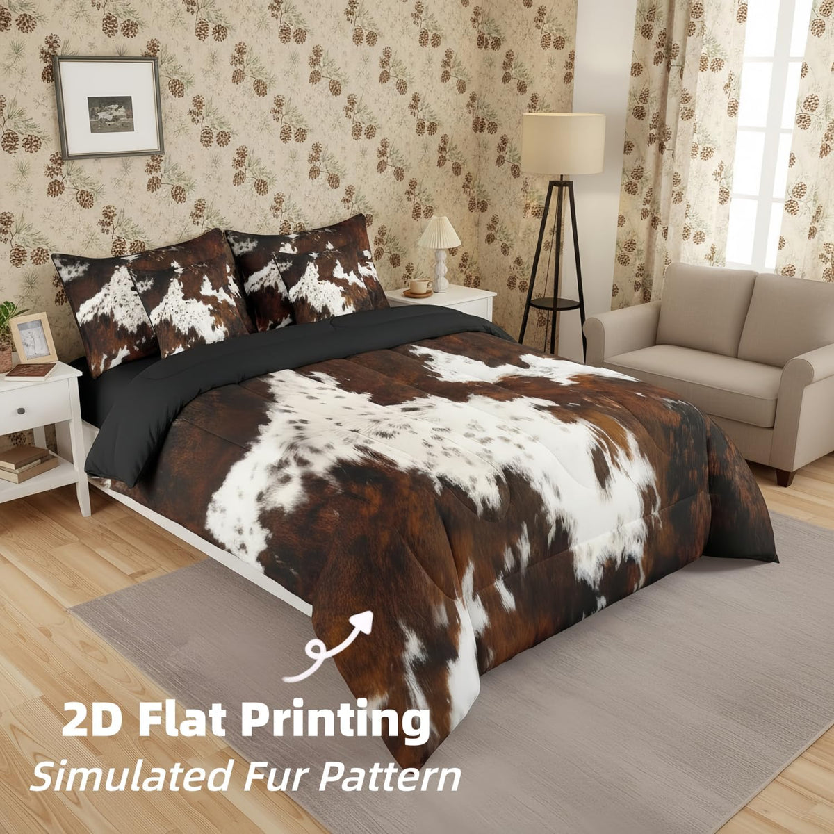 Erosebridal Brown Cow Print King Comforter Set 7 Piece, Simulated Black Cowhide Western Farmhouse Bedding Sets with Sheets, Rustic Highland Cow Skin Bed in a Bag with Fitted Flat Sheet, Pillowcases