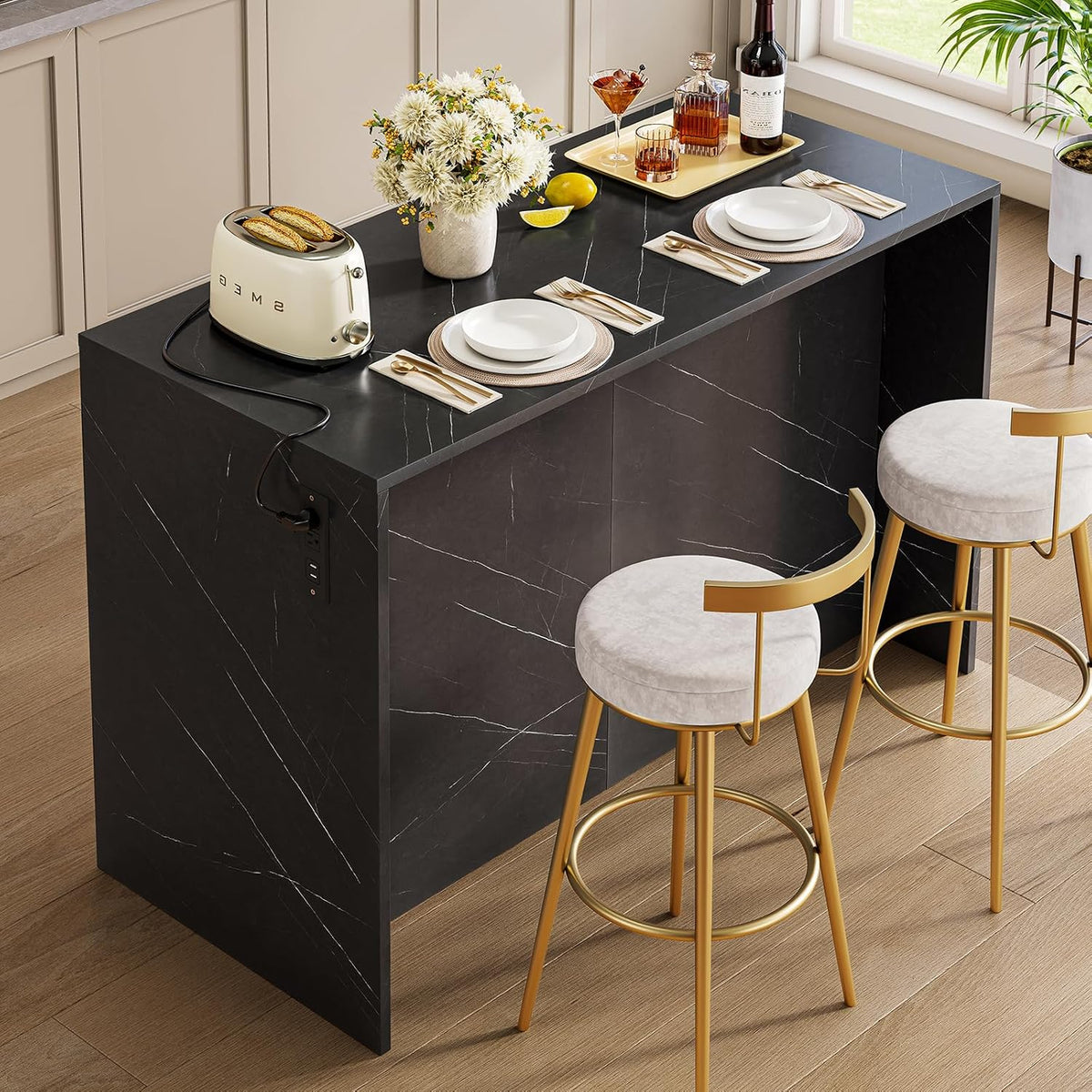 ONBRILL Kitchen Island with 2 Storage Cabinets & 4 Drawers, White+Black