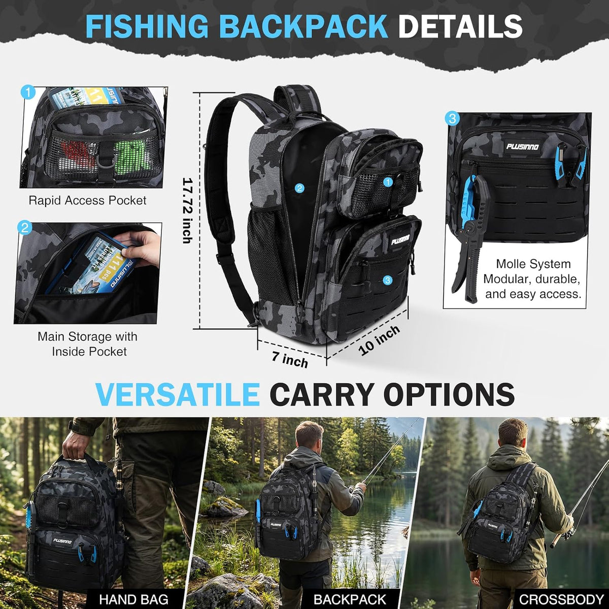 PLUSINNO Fishing Gear, Fishing Backpack with Tackle Box, Tackle Backpack