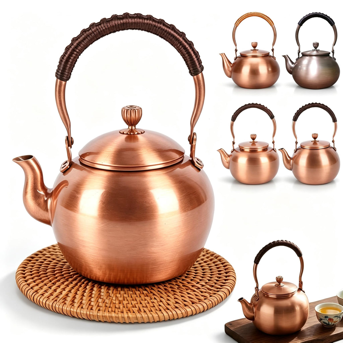 Handmade Copper Kettle 1200ML, Copper Stovetop Tea Kettle, Handmade Solid Copper Teapot with Stay-Cool Grip, Fast Boiling Gas Stove for Tea Ceremony Home Kitchen Use (1.3L-C)