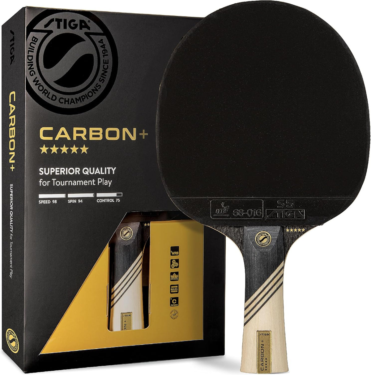 STIGA Carbon+ Ping Pong Paddle – 7-ply Extra Light Carbon Fiber Blade – 2mm Premium Sponge – Concave Pro Handle for Exceptional Grip – Performance Table Tennis Racket for Tournament-Level Play Red