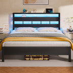 Furnulem Full Size Bed Frame, Storage Headboard, LED & Charger, Black Oak