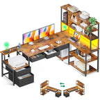 AODK 79 inch L Shaped Desk with 5 Drawers, LED Light & 2 Power Outlets