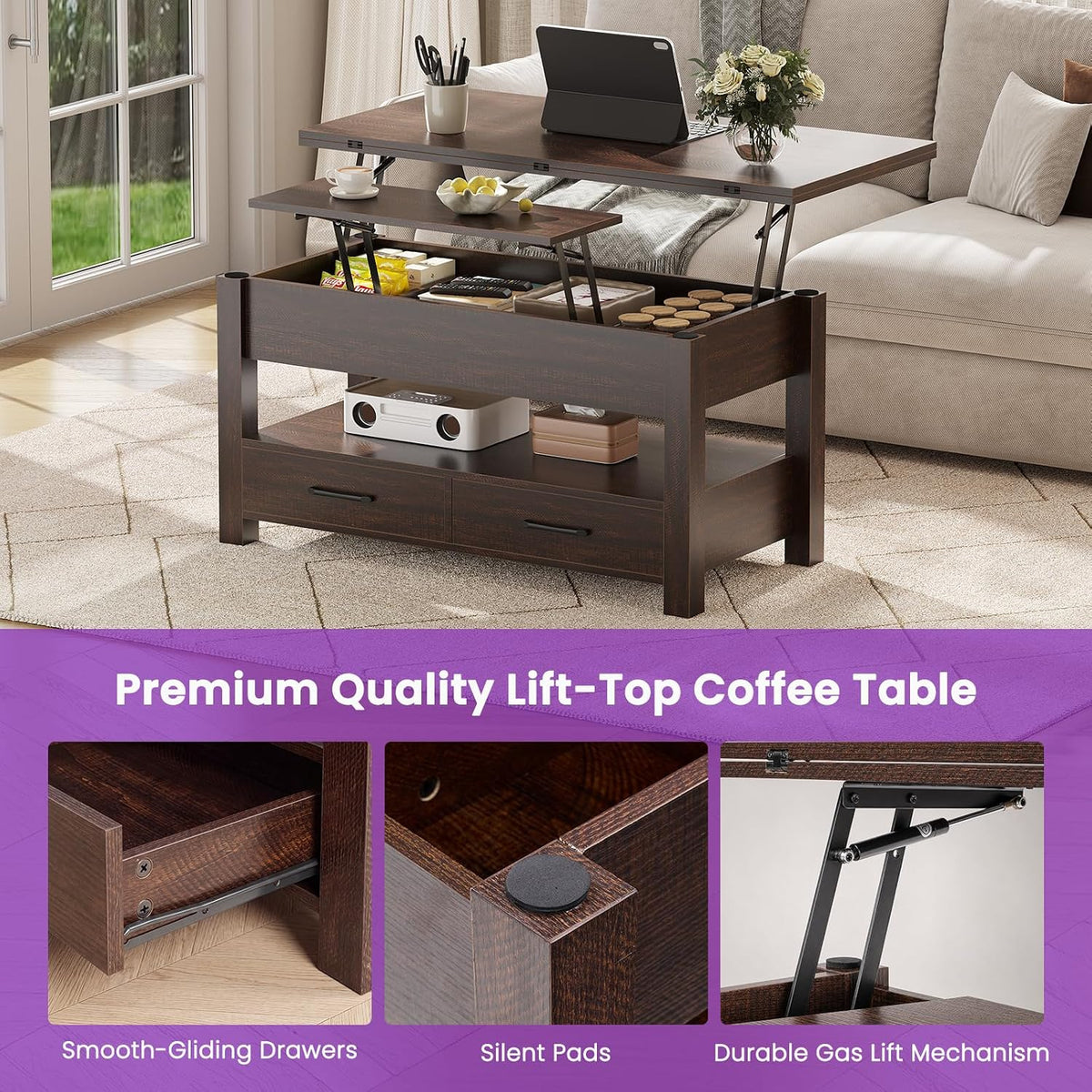 DUMOS 39.4" Convertible Lift Top Coffee Table, 4 in 1 Multifunctional Table