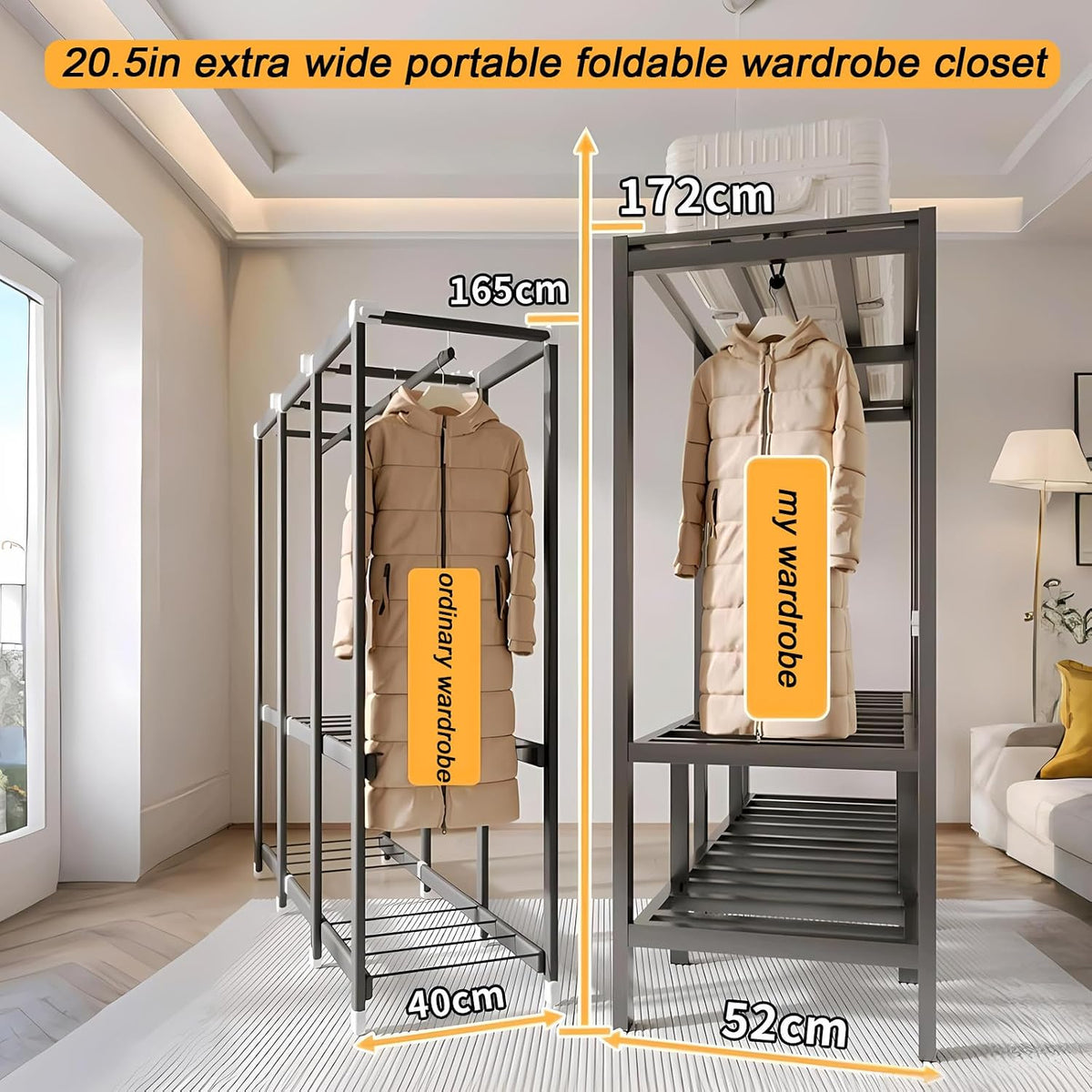 Foldable Portable Closet Wardrobe on Wheel Heavy Duty Metal Clothing Rack with Cover Freestanding Armoire Storage System Rolling Garment Racks for Hanging Clothes (C,Grey Cover, 66.1in/168cm)