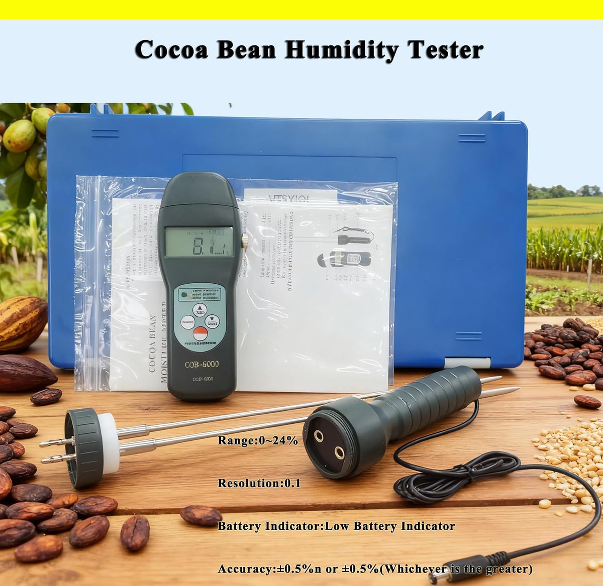 Digital LCD Cocoa Bean Moisture Meter Tester Cocoa Bean Humidity Tester COB-8000 with Test Range 0 to 24% for Cocoa Bean Water Measurement