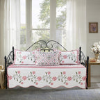 5-Piece Quilted Microfiber Daybed Cover Set with Floral Embroidery, All Season Luxurious Bedding with Matching Shams and Bed Skirt, 75"x39", Pink Flower