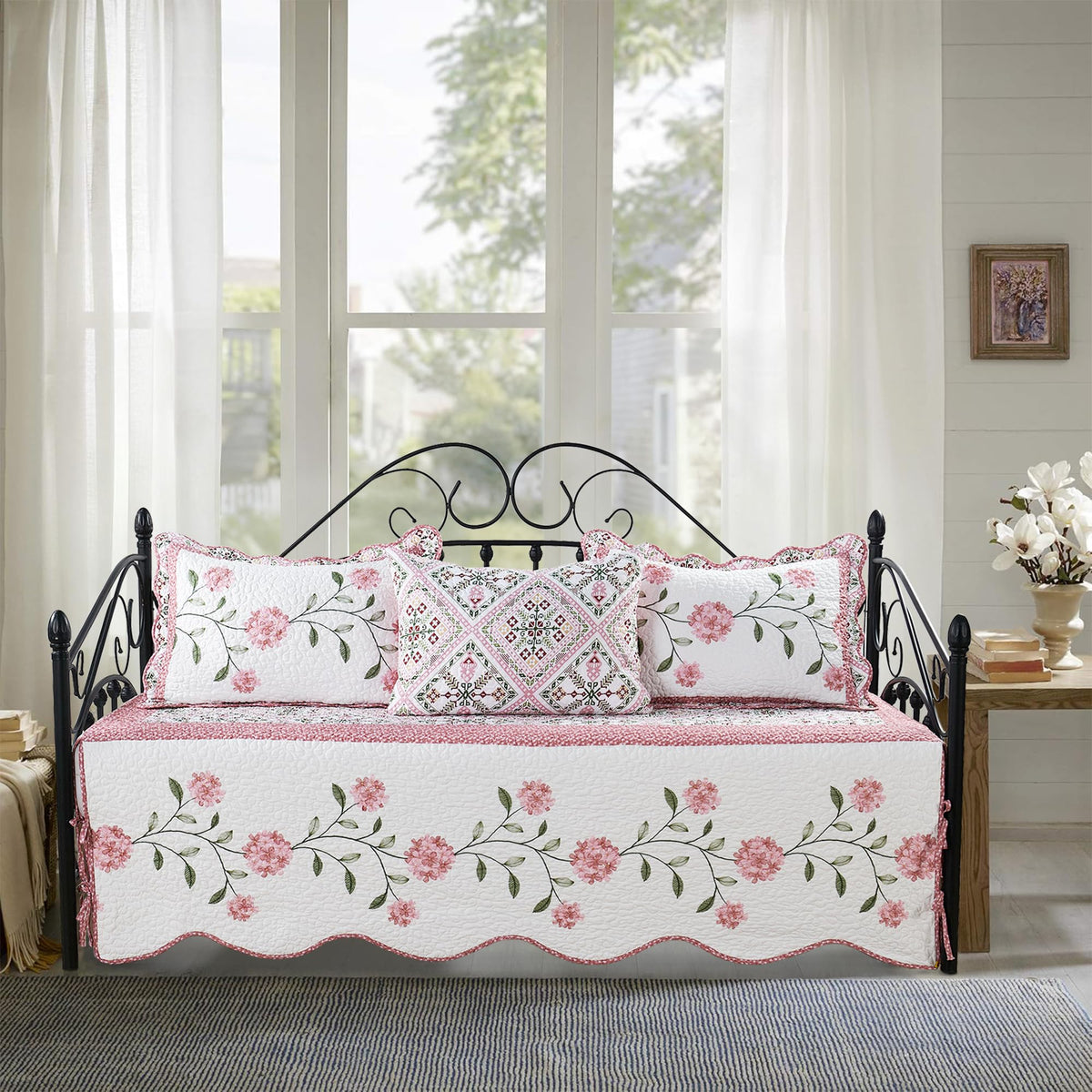 5-Piece Quilted Microfiber Daybed Cover Set with Floral Embroidery, All Season Luxurious Bedding with Matching Shams and Bed Skirt, 75"x39", Pink Flower