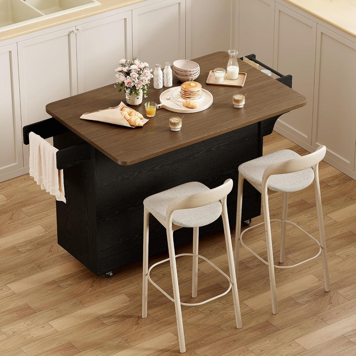 GRUSIGN 41.7" Rolling Kitchen Island Cart with Drop Leaf Storage, Black