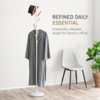 YAMAZAKI Home Freestanding Coat Rack Stand – Modern Coat Tree with Wooden Hooks, Standing Coat Hanger for Entryway, Sturdy Weighted Base, Steel, White, Easy Assembly