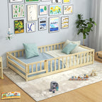 GIANTEX Twin Floor Bed with Fence for Kids, Wooden Montessori Bed Frame with Lockable Door & Guardrails, Low Floor Beds for Kids, Boys, Girls, No Box Spring Needed, Without Wood Slats, White