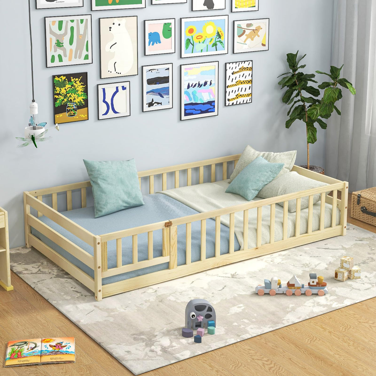 GIANTEX Full Size Floor Bed for Kids, Low Montessori Bed with Wood Slats & Safety Guardrails, Solid Wood Full Floor Beds with Fence and Door for Kids Boys Girls, White