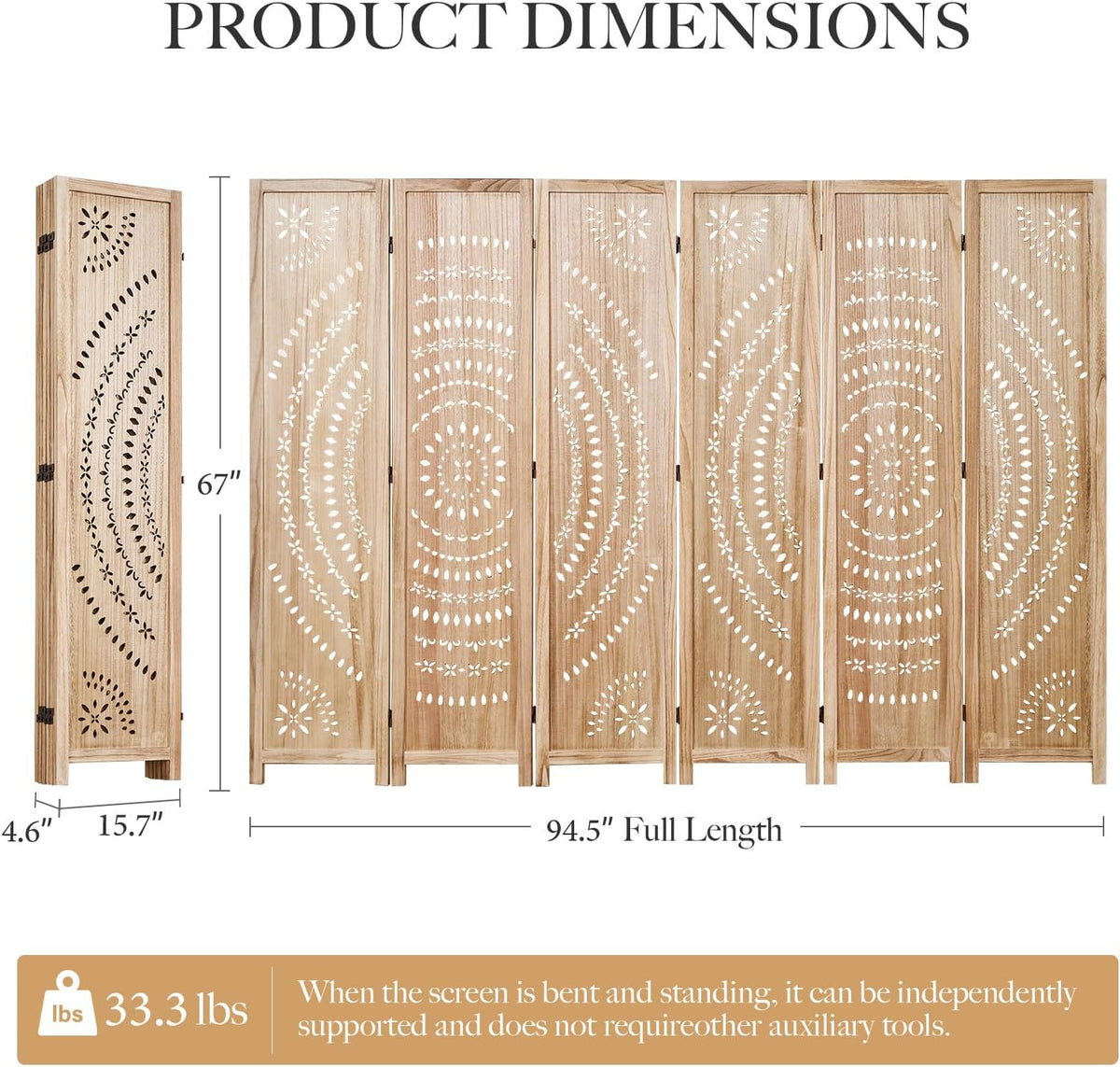 66.9Inch Folding Room Divider, 6 Panels Wood Carved Privacy Screens, Free Assembled Freestanding Partition for Home Office Restaurant Bedroom (Natural)