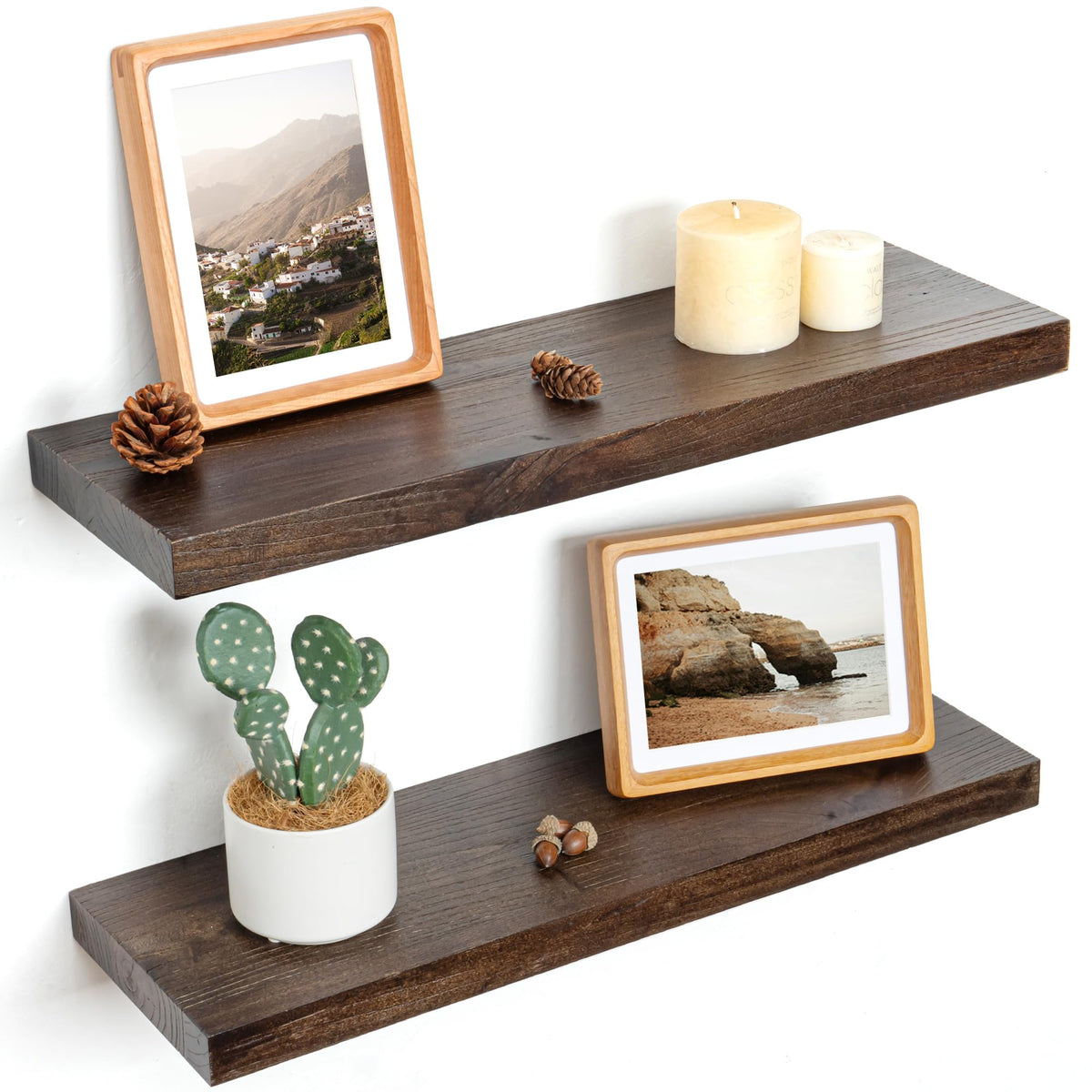 Floating Shelves for Wall, Solid Elm Wood Shelves, 24in Set of 2, Natural