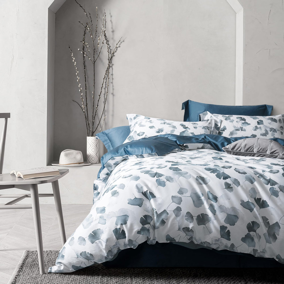 MILDLY White Floral Green Leaves Luxury Duvet Cover Set 3pcs King
