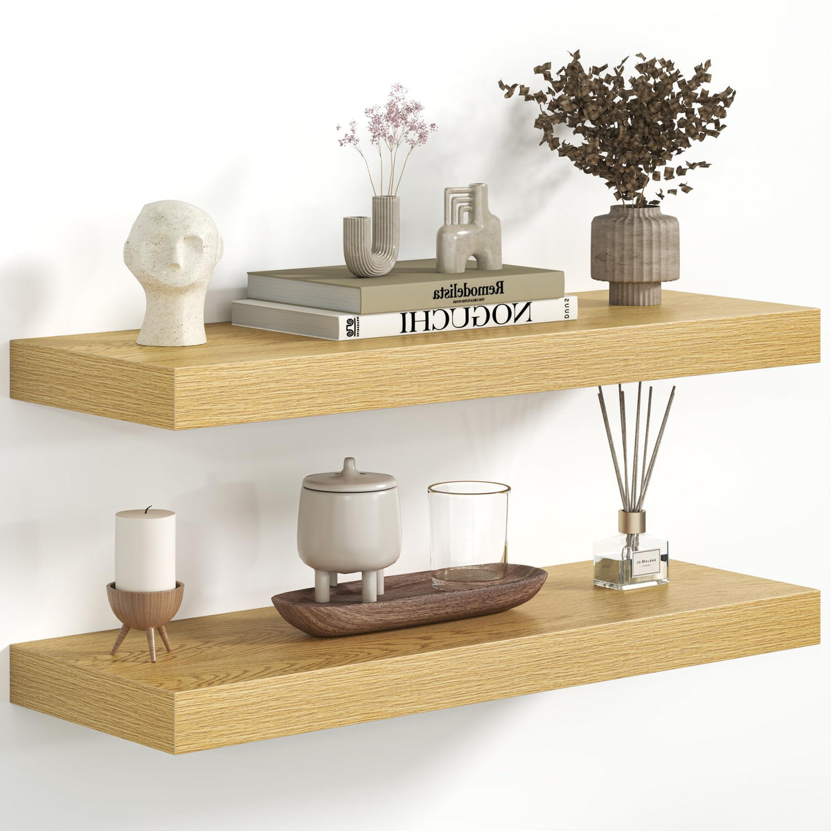 Fun Memories Floating Shelves - 2 Pack 12 Inch Rustic Wooden Wall Shelves - Extra Deeper & Thicker Wall Mounted Storage Shelf for Living Room, Kitchen, Farmhouse - 36" W x 12" D x 1.8" H - Brown