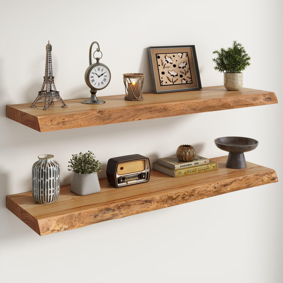 Live Edge Elm Floating Shelves - 24 In Rustic Solid Wood Shelves with Heavy-Duty Invisible Bracket, Wall-Mounted Wooden Shelf for Living Room, Bathroom, Kitchen Storage & Display, Set of 2, Natural