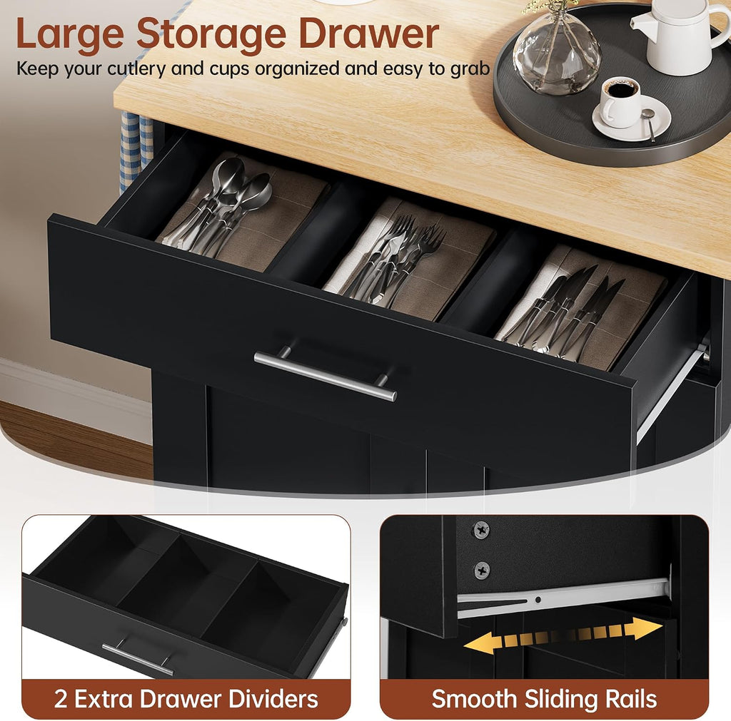 OtterOasis Mobile Kitchen Island on Wheels, Large Drawer, Black
