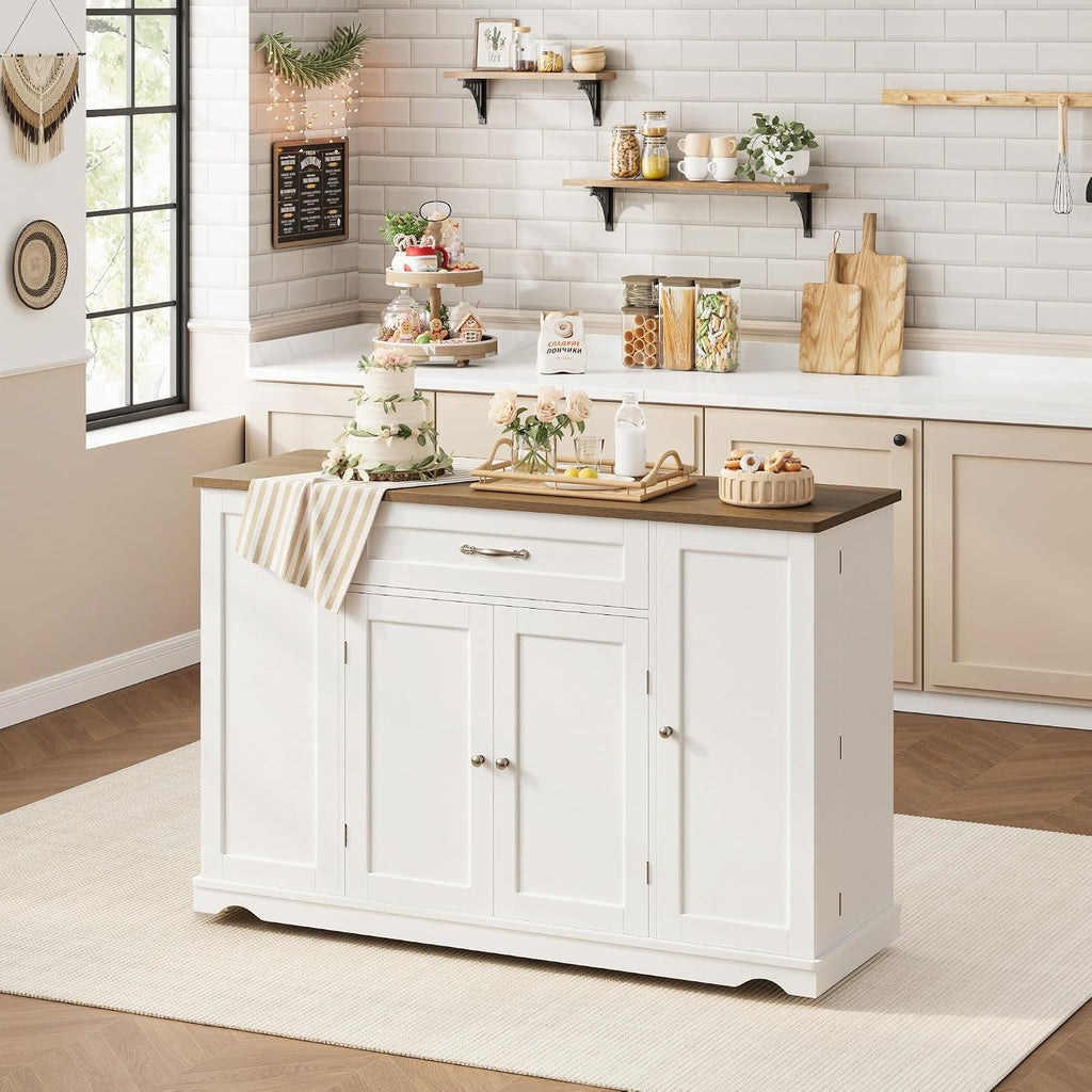 HOSTACK 47" W Kitchen Island Cart with Storage, Rolling Island Table, White