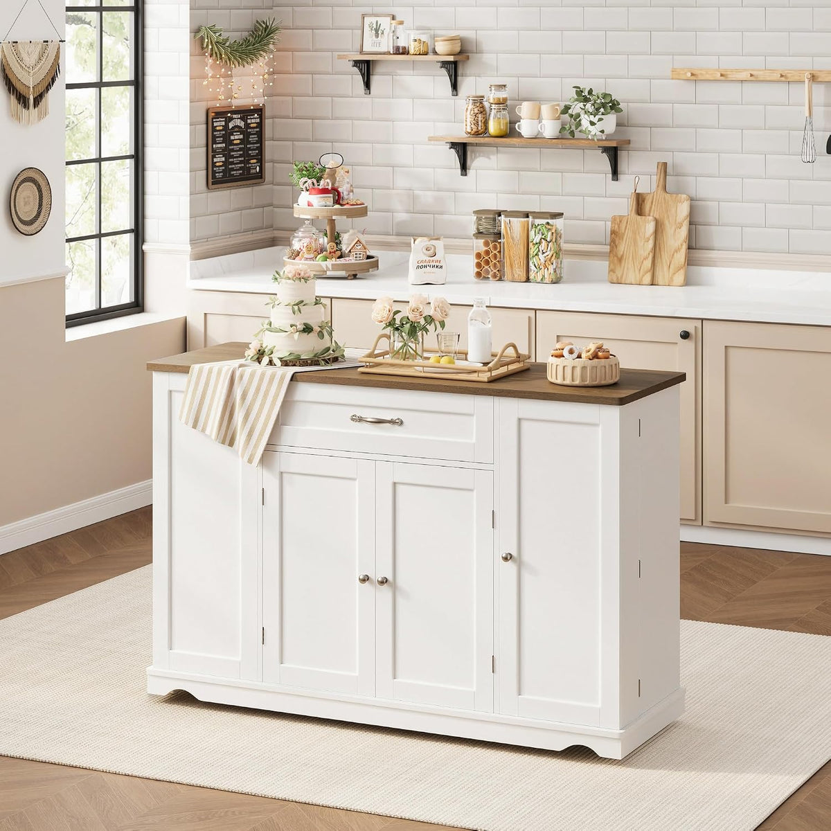 HOSTACK 47" W Kitchen Island Cart with Storage, Rolling Island Table, White