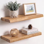 Live Edge Elm Floating Shelves - 24 In Rustic Solid Wood Shelves with Heavy-Duty Invisible Bracket, Wall-Mounted Wooden Shelf for Living Room, Bathroom, Kitchen Storage & Display, Set of 2, Natural