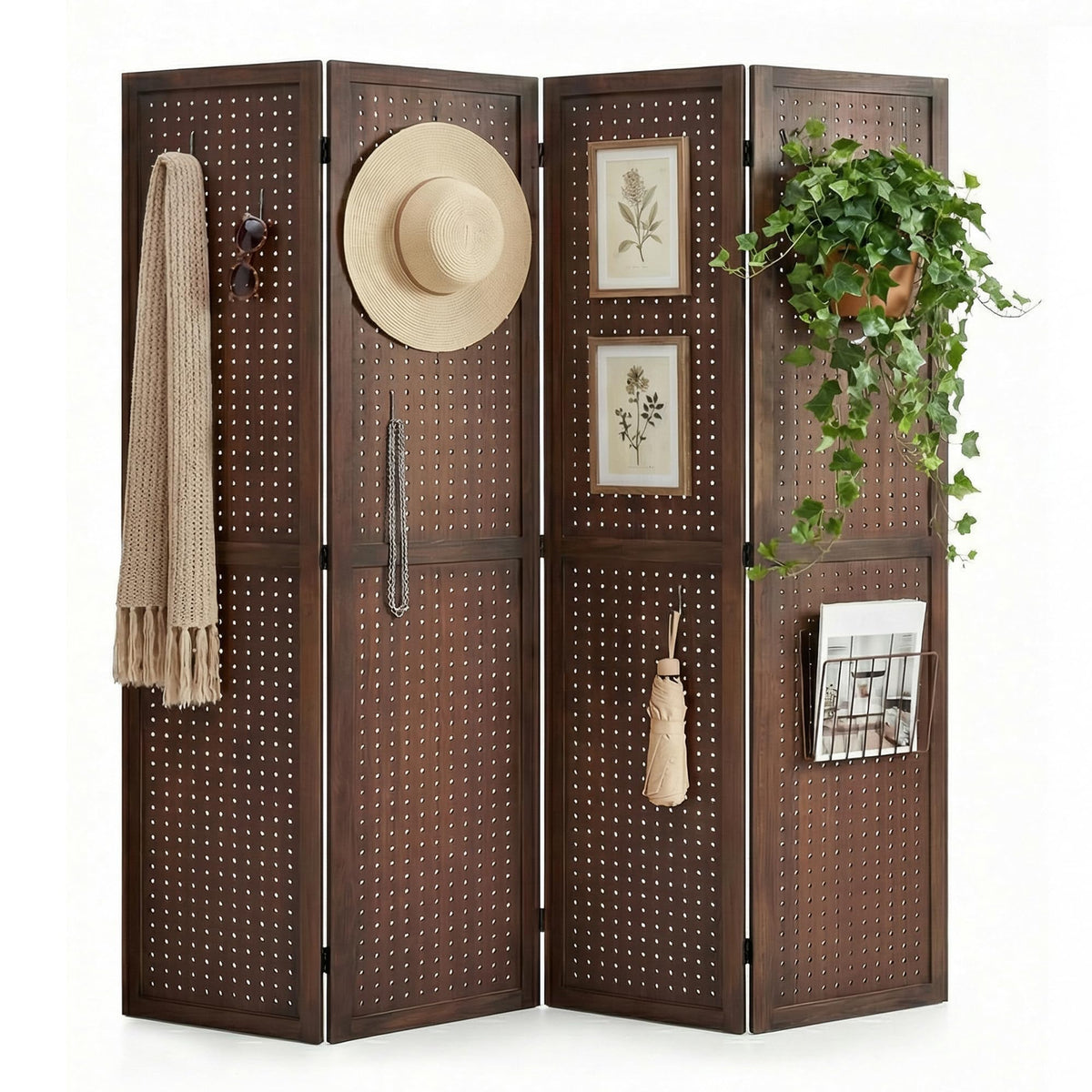 Pegboard Display, 5.6Ft Portable Freestanding Wall Organizer Wooden Room Divider Folding Privacy Screens for Craft Art Display Board (6 Panels, Natural)
