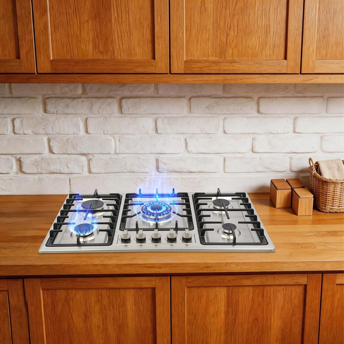 5 Burner Gas Cooktop, Stainless Steel Natural Gas Stove with Safety Device