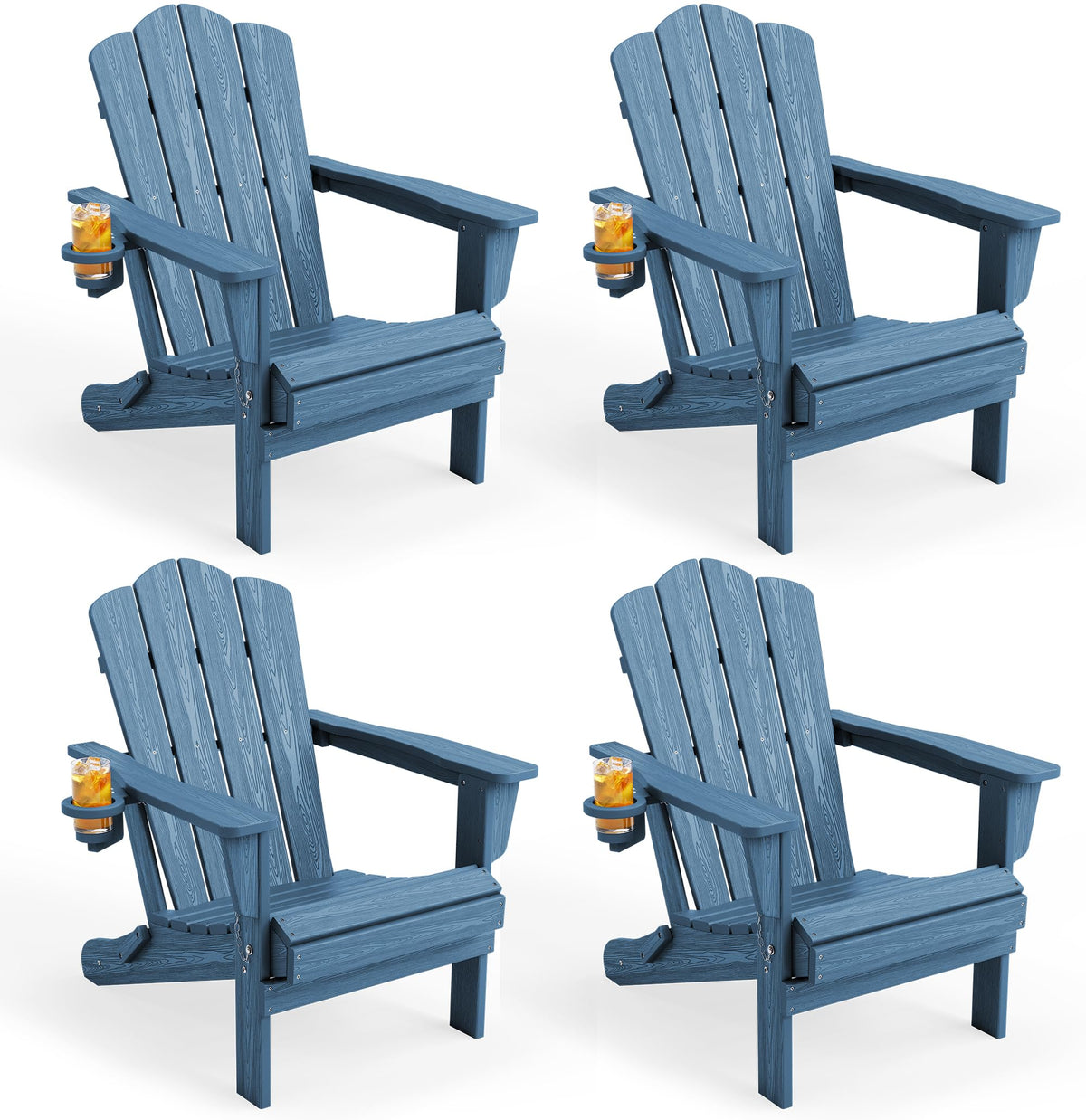 KINGYES Folding Adirondack Chair Set of 4 with Cup Holder, Navy