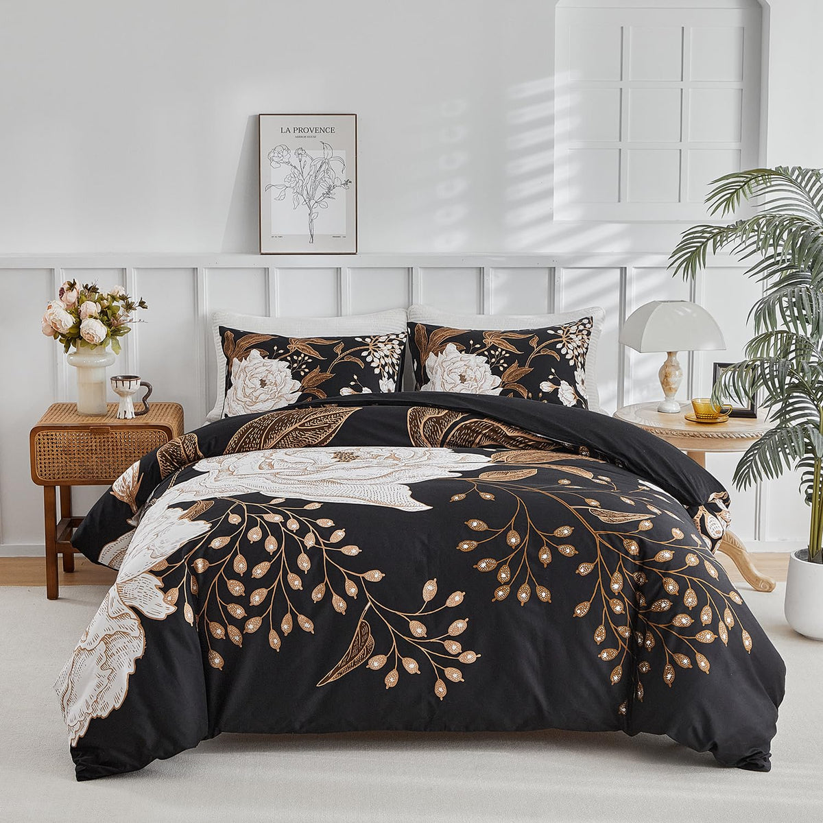 mixinni Garden Style Cotton Flowers and Birds Pattern Printed Duvet Cover Reversible Design Peacock Blue 3 Piece Bedding Duvet Set with Zipper Closure, Perfect for Him and Her-Queen Size