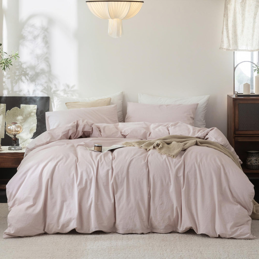 FOSSA Duvet Cover Set 100% Washed Cotton Linen Feel Queen