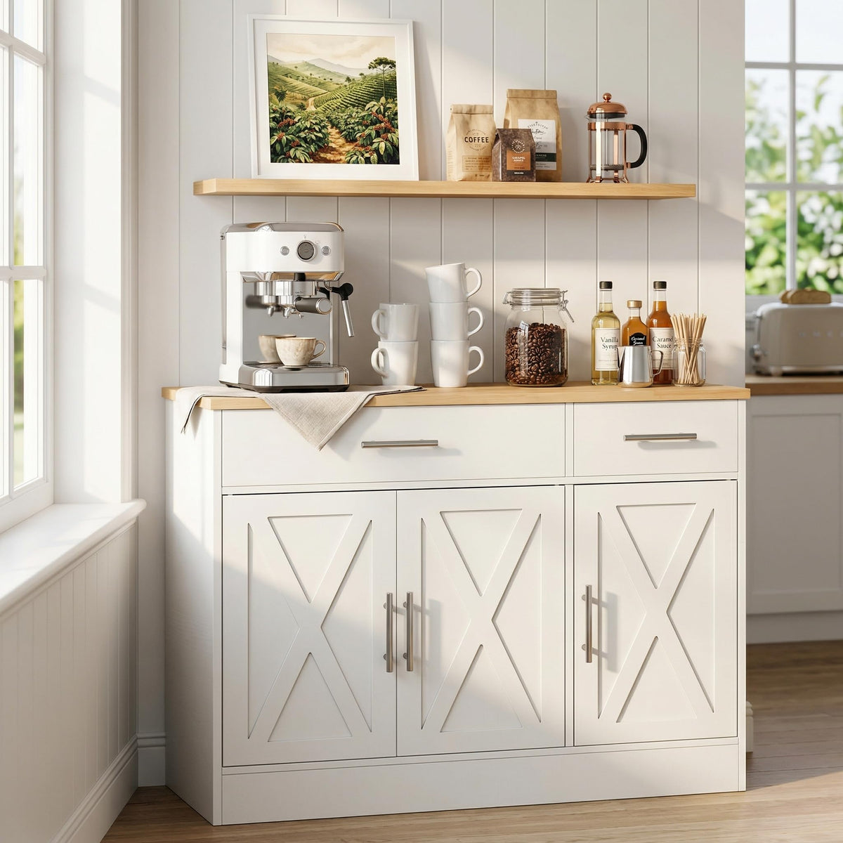 SUNLEI Coffee Bar Cabinet with Storage, Farmhouse Buffet Cabinet with 4 Doors & Adjustable Shelves, Kitchen Sideboard Cabinet for Coffee Station, Dining Room, Living Room & Home, White