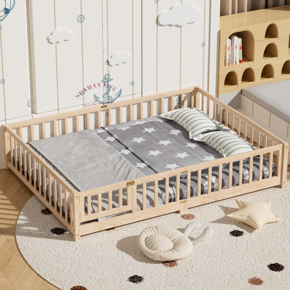 i-POOK Twin Floor Bed for Children, Sturdy Wood Montessori Bed Frame with Wood Slats, High Fence & Small Door, Montessori Floor Bed for Girls and Boys, White