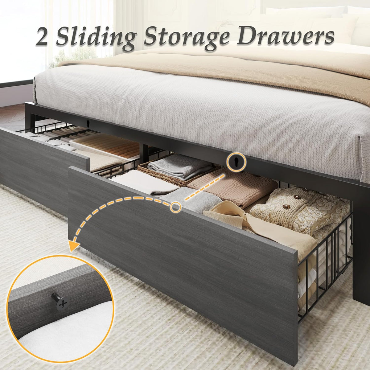 Queen Bed Frame with Charging Station, LED Lights, 2 Drawers, Rustic Grey