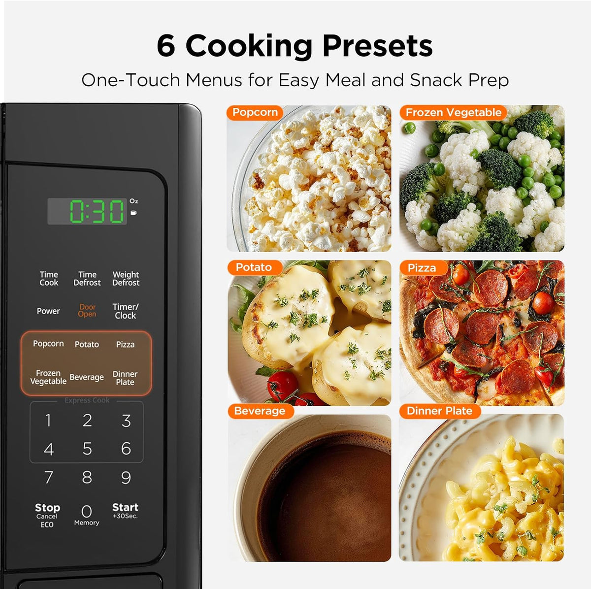 1.1 Cu. Ft. Compact Microwave Oven, 1000W, 10 Power Levels, Stainless Steel & Matte Black, Digital Display, 12 Presets, for Small Kitchens & Everyday Cooking