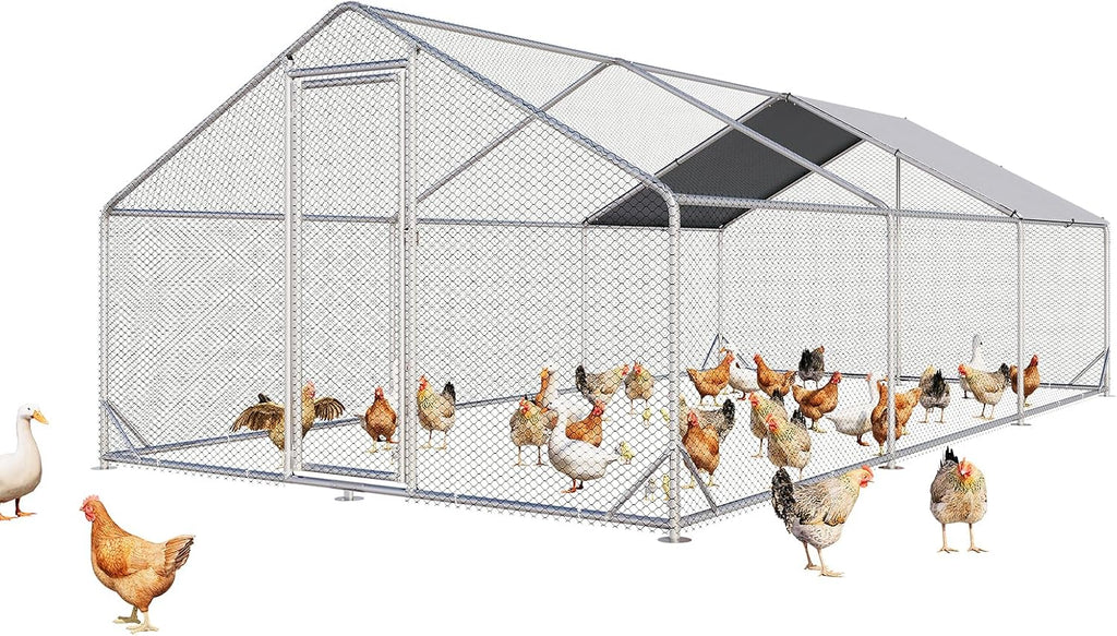 Aoxun Large Metal Chicken Coop, Outdoor Chicken Runs for Yard with Cover, Spire Roof Hen House Enclosure with Security Lock, Walk-in Cage Peak Hen House for Yard Farm (10x20x6.4 FT)