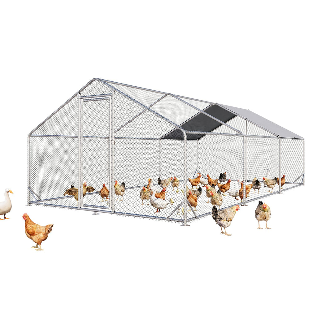 Aoxun Large Metal Chicken Coop, Outdoor Chicken Runs for Yard with Cover, Spire Roof Hen House Enclosure with Security Lock, Walk-in Cage Peak Hen House for Yard Farm (10x20x6.4 FT)