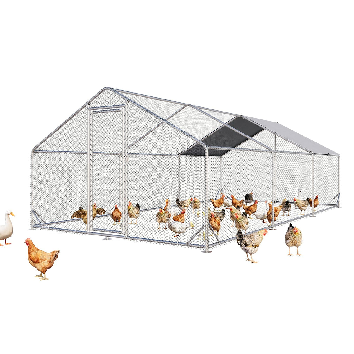 Aoxun Large Metal Chicken Coop, Outdoor Chicken Runs for Yard with Cover, Spire Roof Hen House Enclosure with Security Lock, Walk-in Cage Peak Hen House for Yard Farm (10x20x6.4 FT)