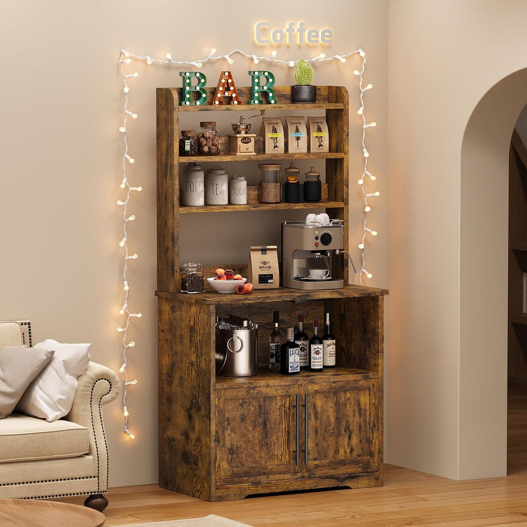 63" Kitchen Bakers Rack with Power Outlet, Coffee Bar Cabinet