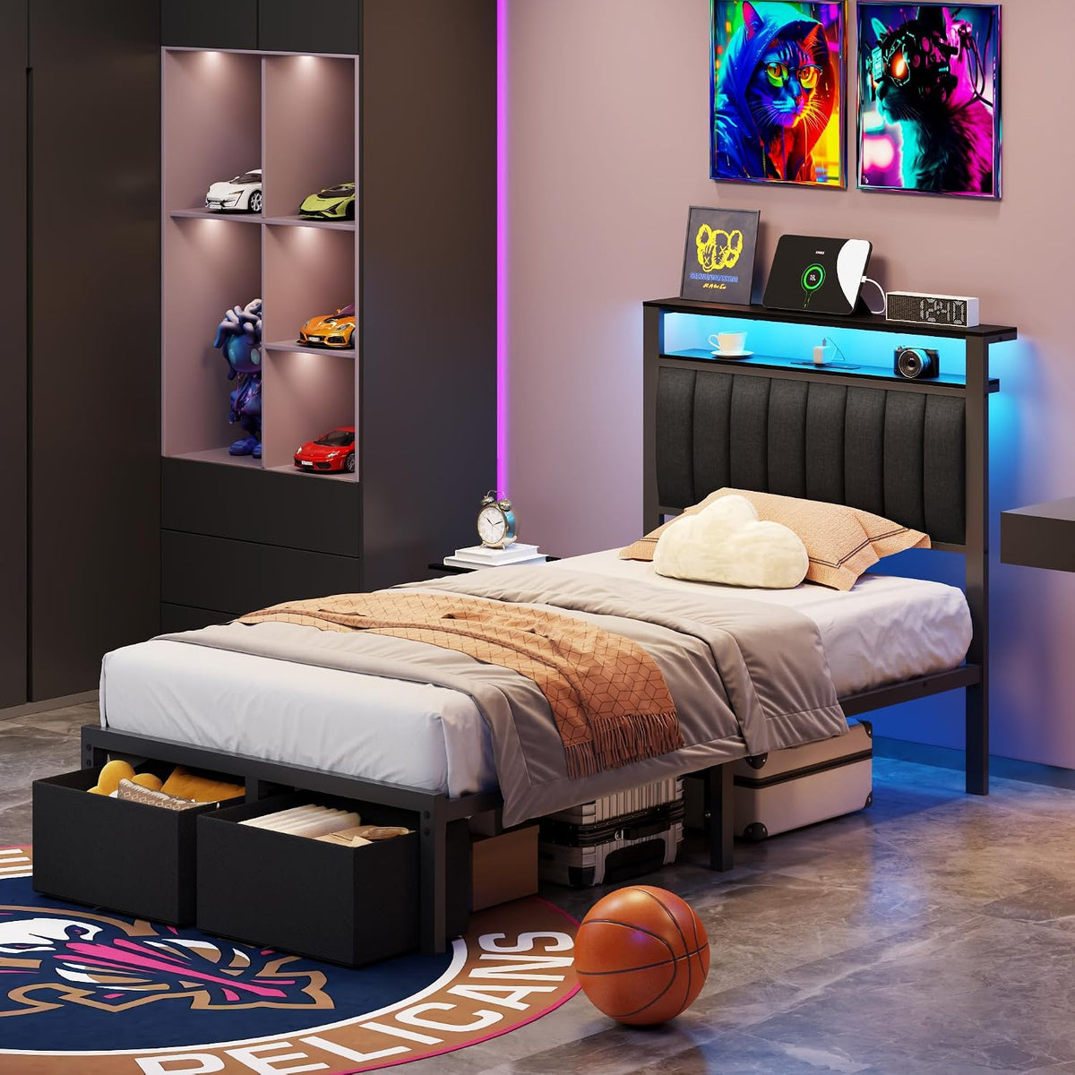 Furnulem Twin Bed Frames with Storage Drawers and Upholstered Headboard