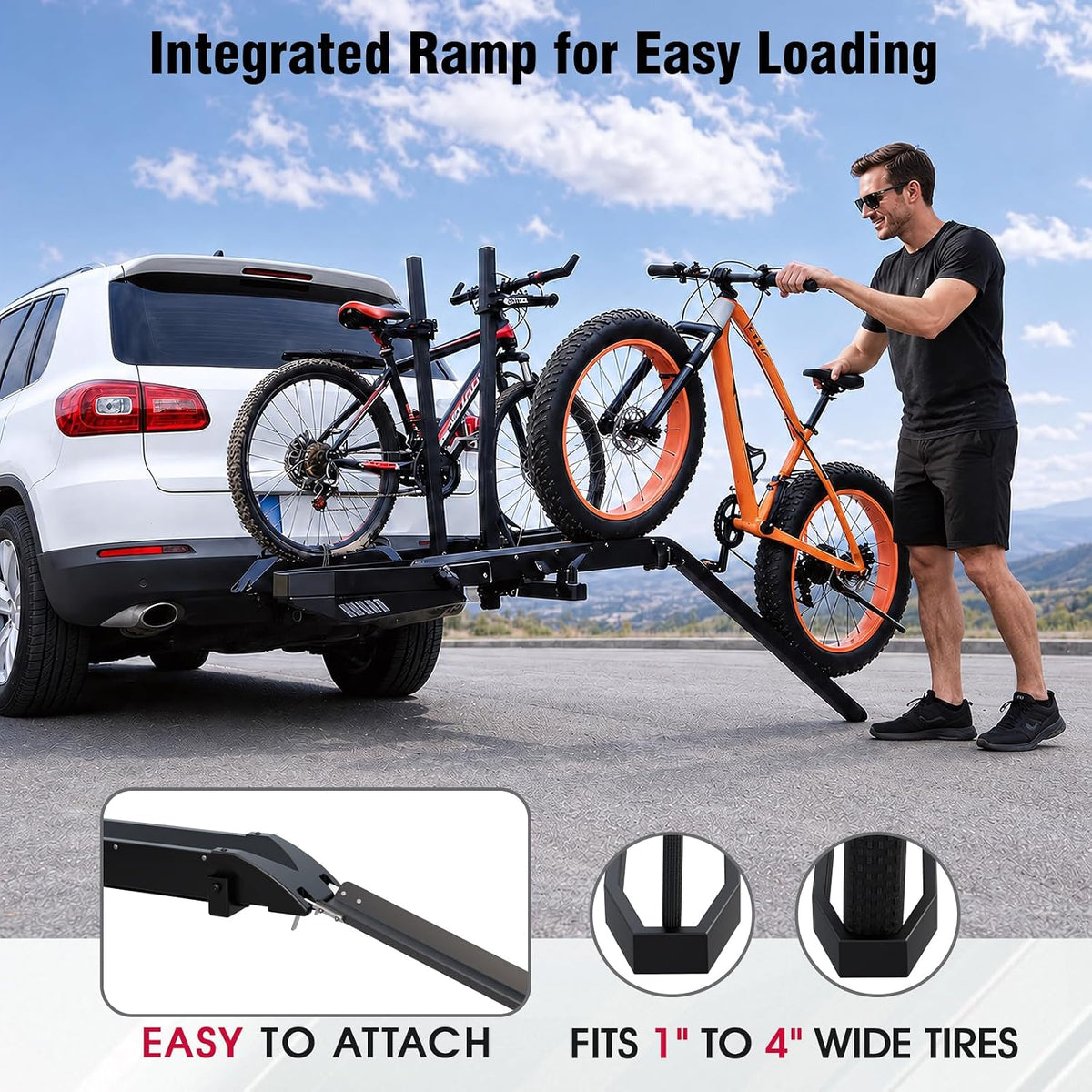 Ebike Rack with Ramp, Foldable Bike Rack for Tow Hitch, Heavy Duty Bike Carrier for 2 Fat Tire Bikes with 300LBS Load Capacity - Fits SUV, Truck, RV, Trailer
