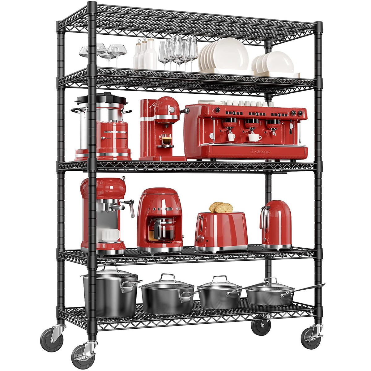 IZEUK 5-Tier Adjustable Heavy Duty Steel Wire Shelving Unit with Wheels, Storage Rack Organizer for Garage, Kitchen, Office, Laundry, Basement (Black, 17.7" D x 47.2" W x 76.7" H, 1750 lbs Capacity)