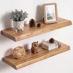 Live Edge Elm Floating Shelves - 24 In Rustic Solid Wood Shelves with Heavy-Duty Invisible Bracket, Wall-Mounted Wooden Shelf for Living Room, Bathroom, Kitchen Storage & Display, Set of 2, Natural